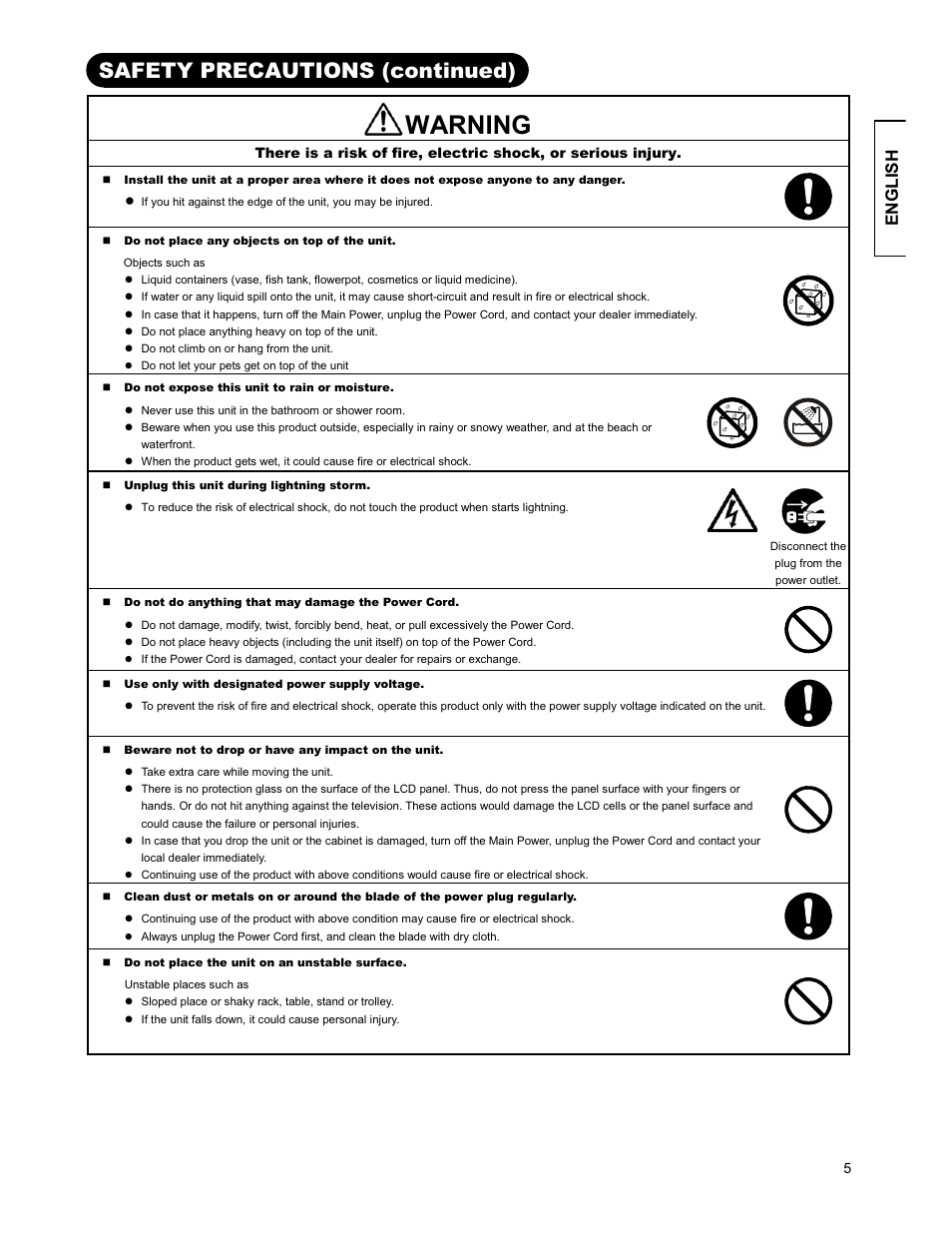 Warning, Safety precautions (continued), English | Hitachi 26LD9000TA User Manual | Page 5 / 41
