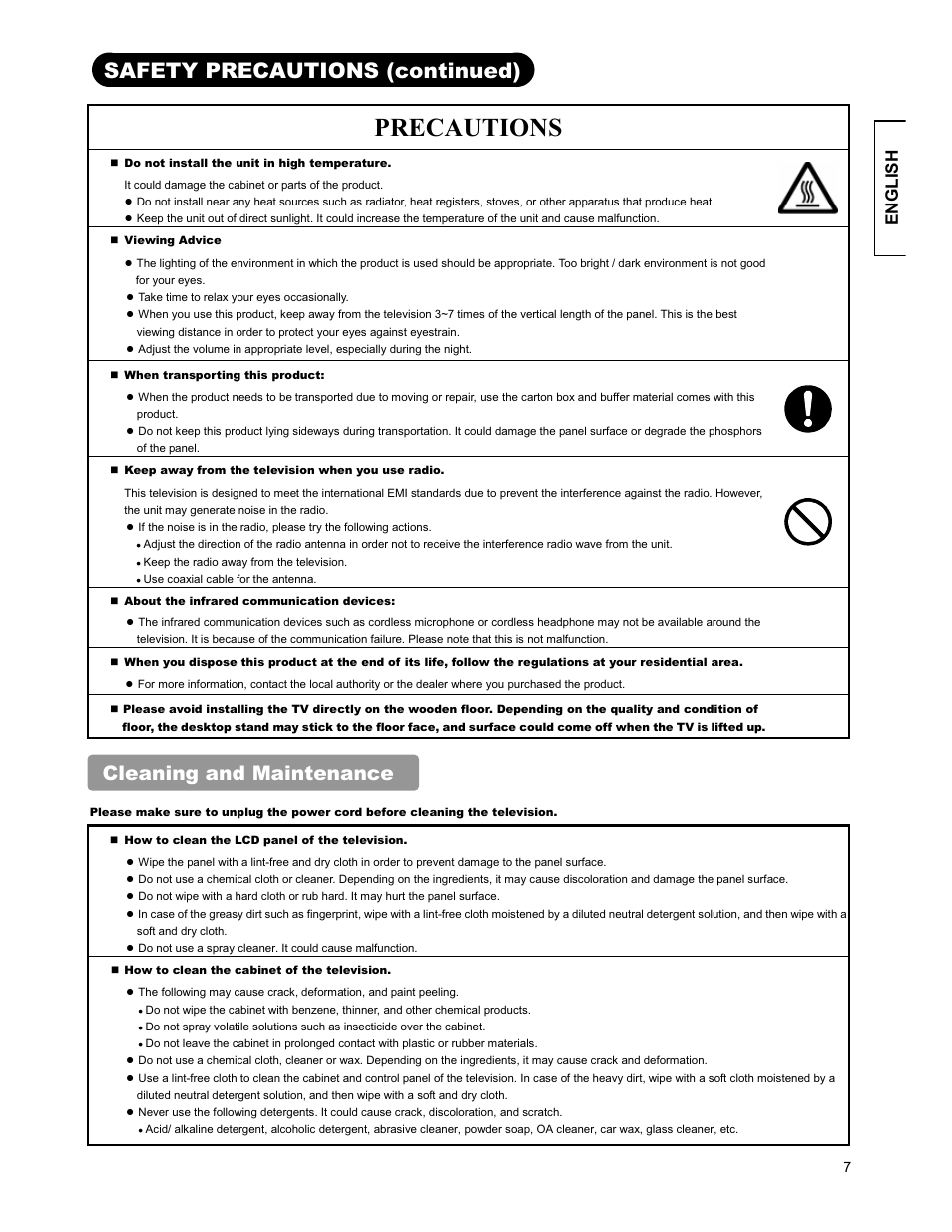 Precautions, Safety precautions (continued), Cleaning and maintenance | English | Hitachi 26LD9000TA User Manual | Page 7 / 41