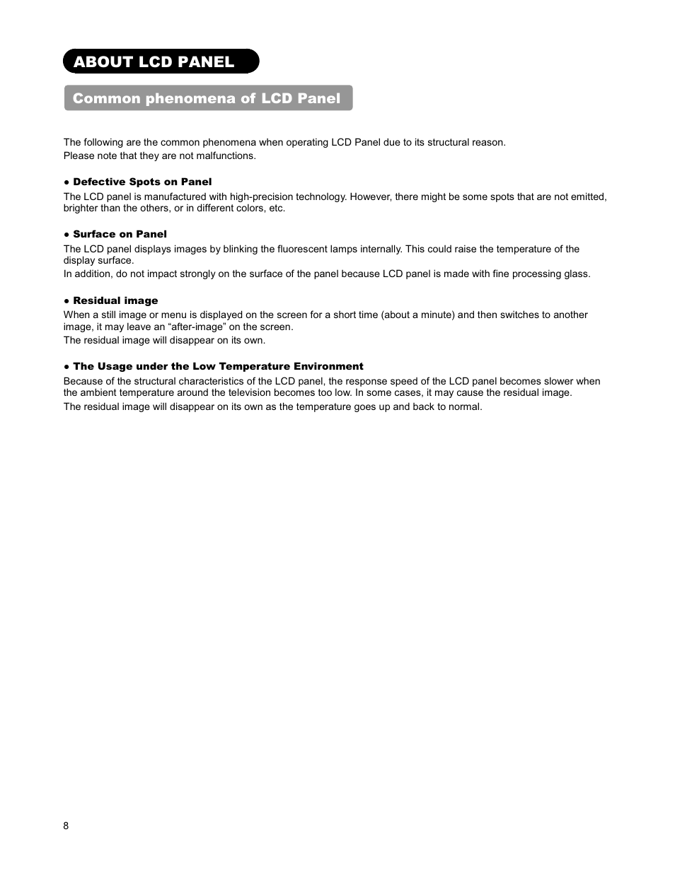 About lcd panel, Common phenomena of lcd panel | Hitachi 26LD9000TA User Manual | Page 8 / 41