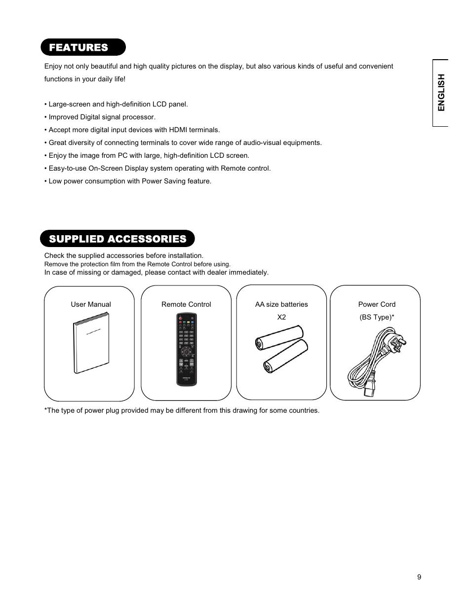 Features, Supplied accessories | Hitachi 26LD9000TA User Manual | Page 9 / 41