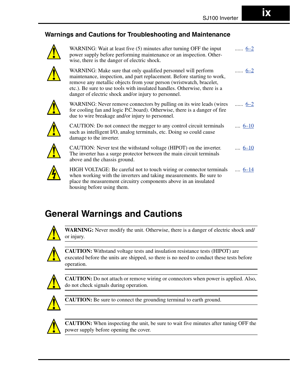General warnings and cautions | Hitachi SJ100 User Manual | Page 10 / 214