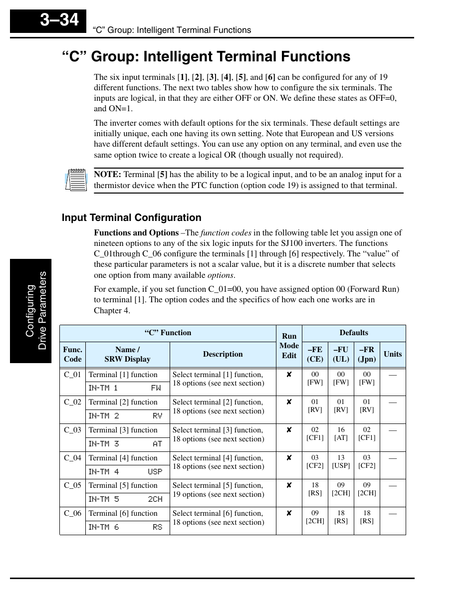 C” group: intelligent terminal functions, Input terminal configuration, C” group: intelligent terminal functions 3–34 | Hitachi SJ100 User Manual | Page 106 / 214