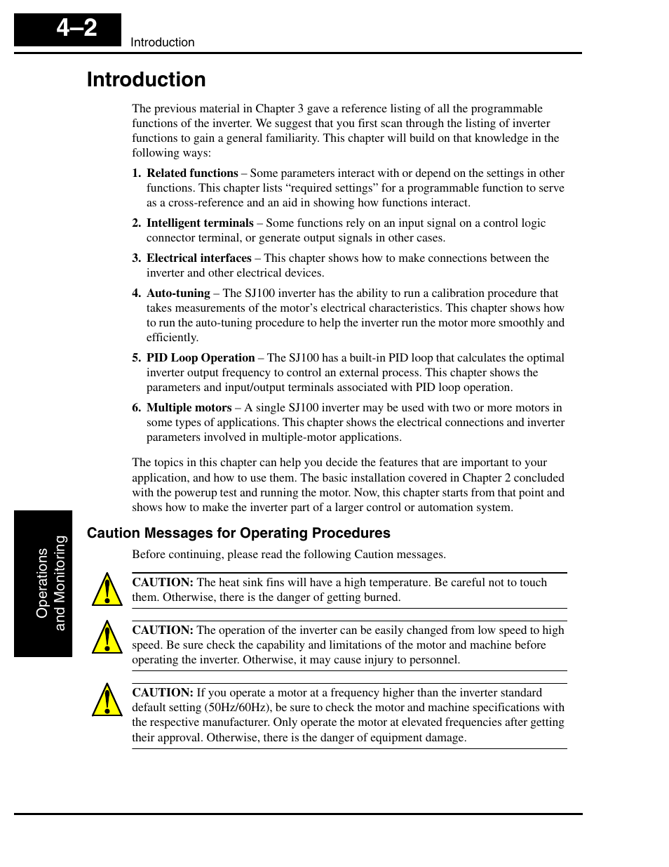Introduction, Caution messages for operating procedures, Introduction 4–2 | Hitachi SJ100 User Manual | Page 119 / 214