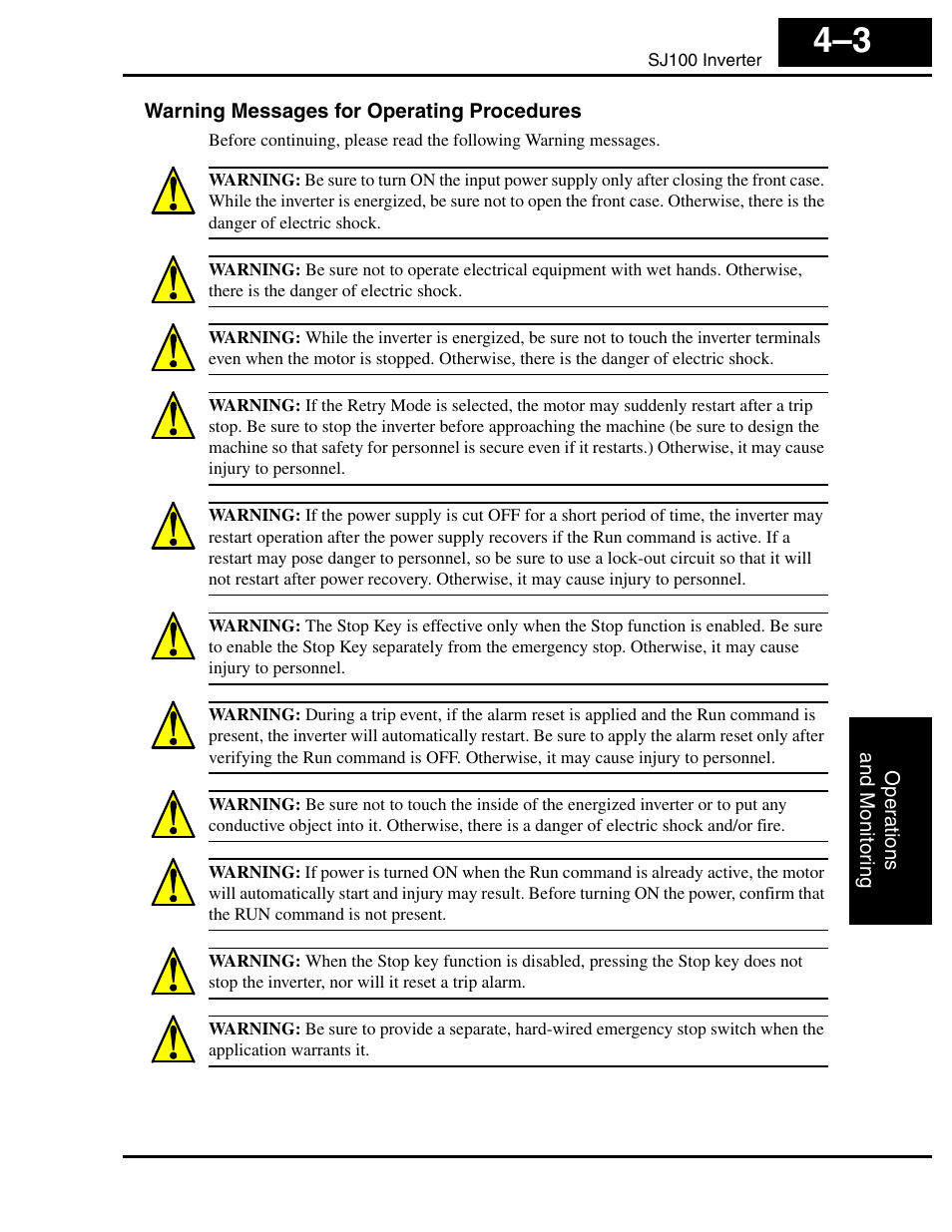 Warning messages for operating procedures | Hitachi SJ100 User Manual | Page 120 / 214
