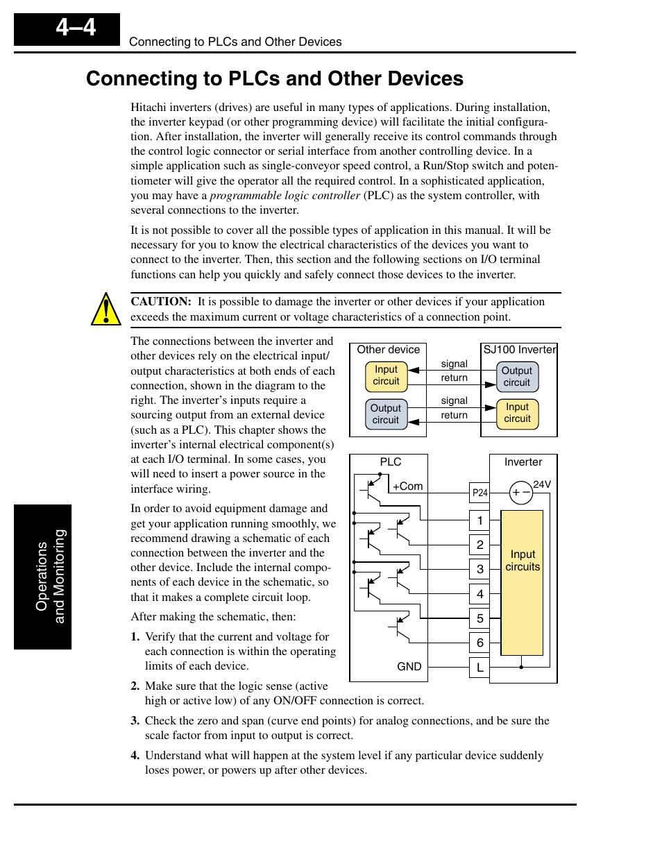 Connecting to plcs and other devices, Connecting to plcs and other devices 4–4 | Hitachi SJ100 User Manual | Page 121 / 214