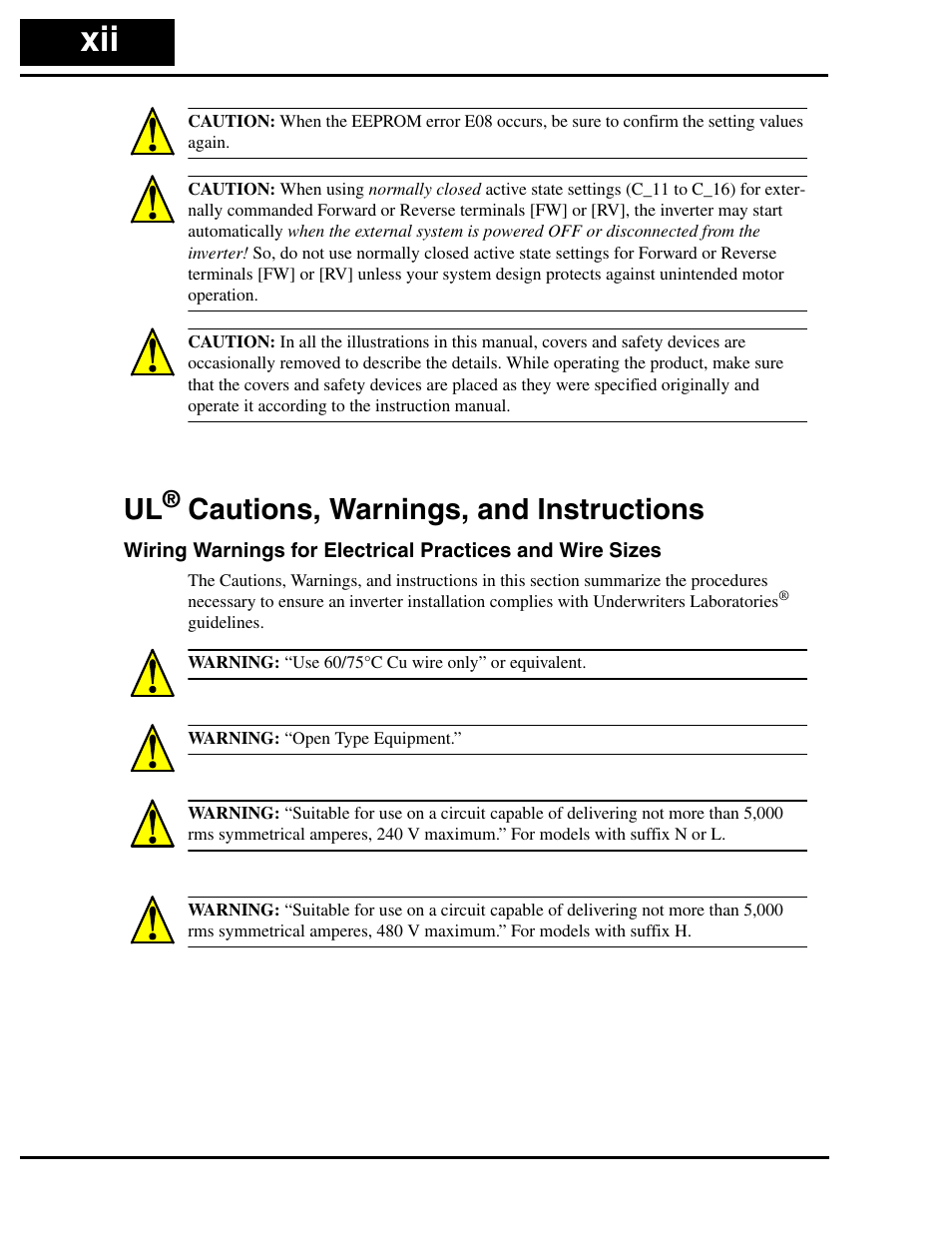 Ul® cautions, warnings, and instructions, Cautions, warnings, and instructions | Hitachi SJ100 User Manual | Page 13 / 214