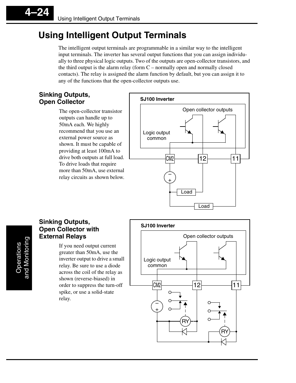 Using intelligent output terminals, Using intelligent output terminals 4–24 | Hitachi SJ100 User Manual | Page 141 / 214