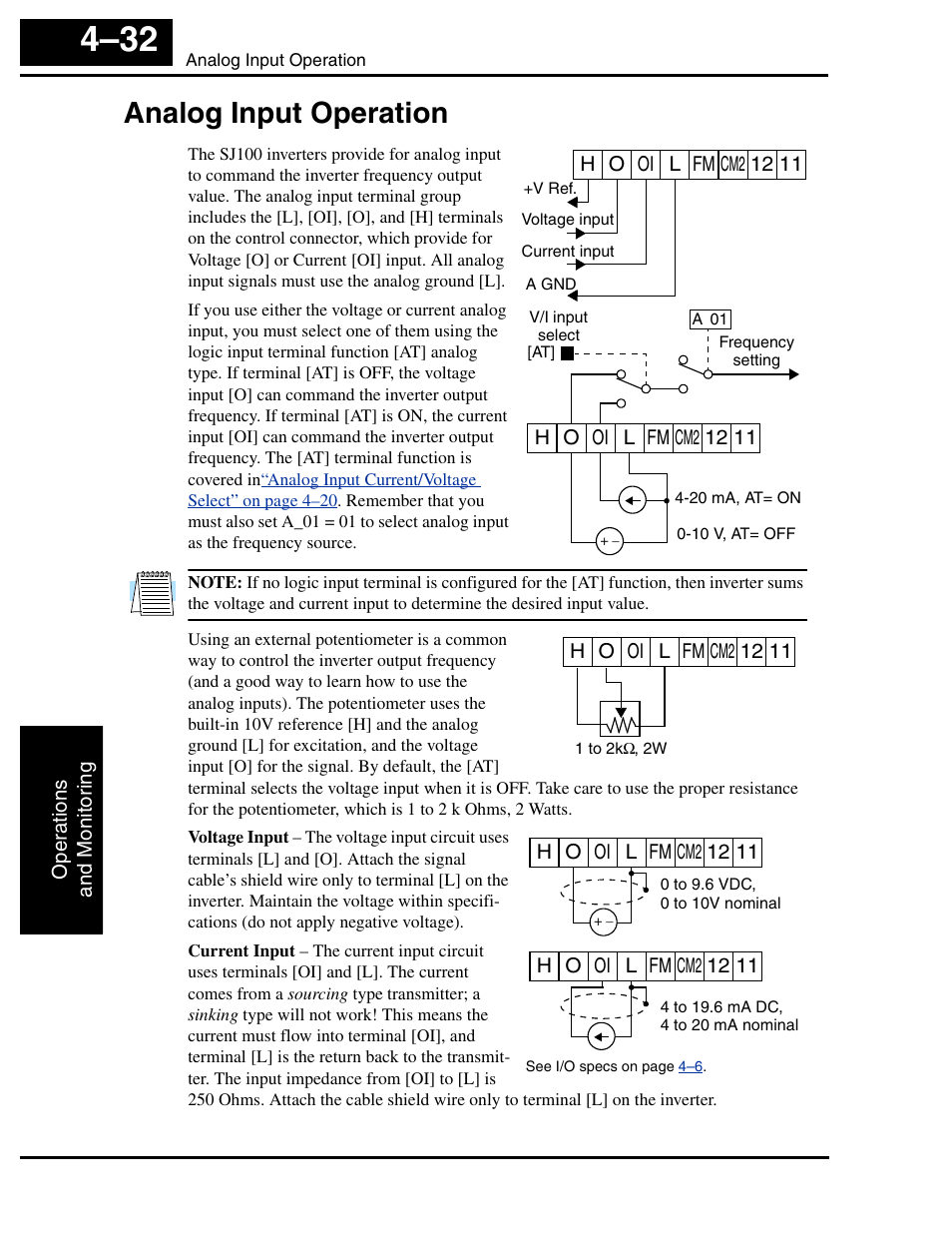 Analog input operation, Analog input operation 4–32 | Hitachi SJ100 User Manual | Page 149 / 214