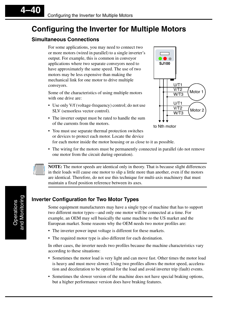 Configuring the inverter for multiple motors, Simultaneous connections, Inverter configuration for two motor types | Configuring the inverter for multiple motors 4–40, Ters). refer to, For details | Hitachi SJ100 User Manual | Page 157 / 214