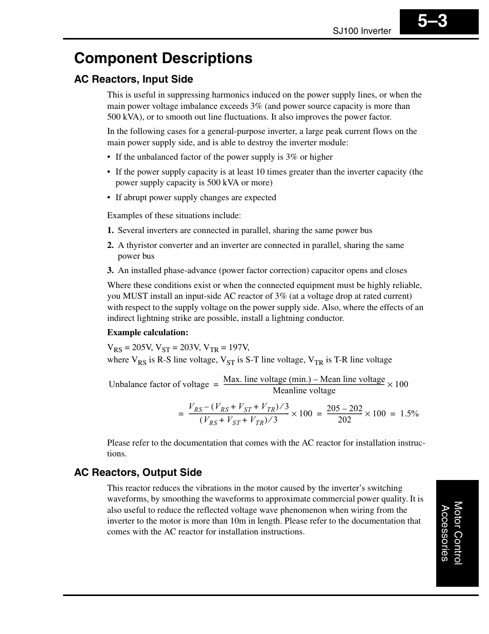 Component descriptions, Ac reactors, input side, Ac reactors, output side | Component descriptions 5–3 | Hitachi SJ100 User Manual | Page 161 / 214