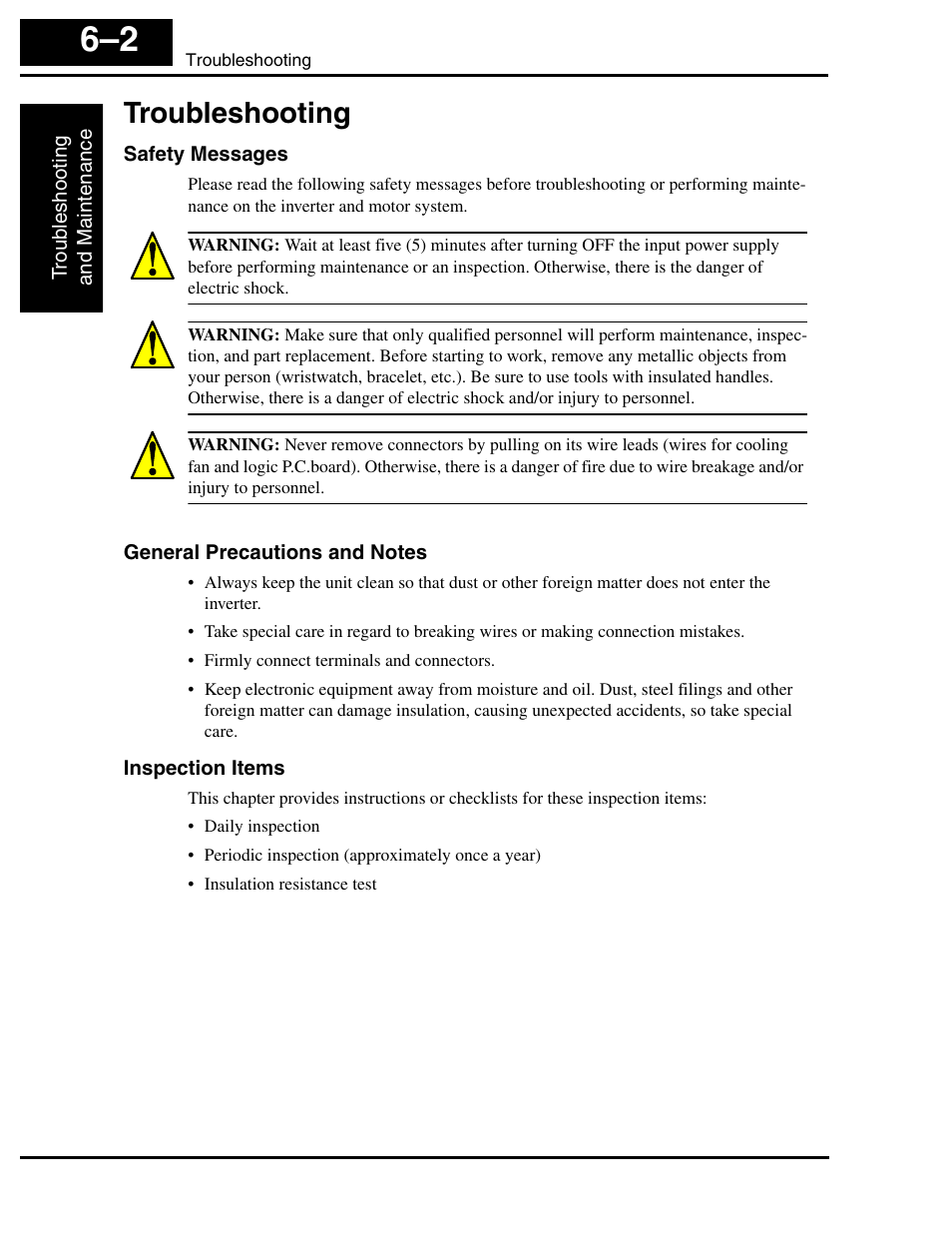 Troubleshooting, Safety messages, General precautions and notes | Inspection items, Troubleshooting 6–2 | Hitachi SJ100 User Manual | Page 171 / 214