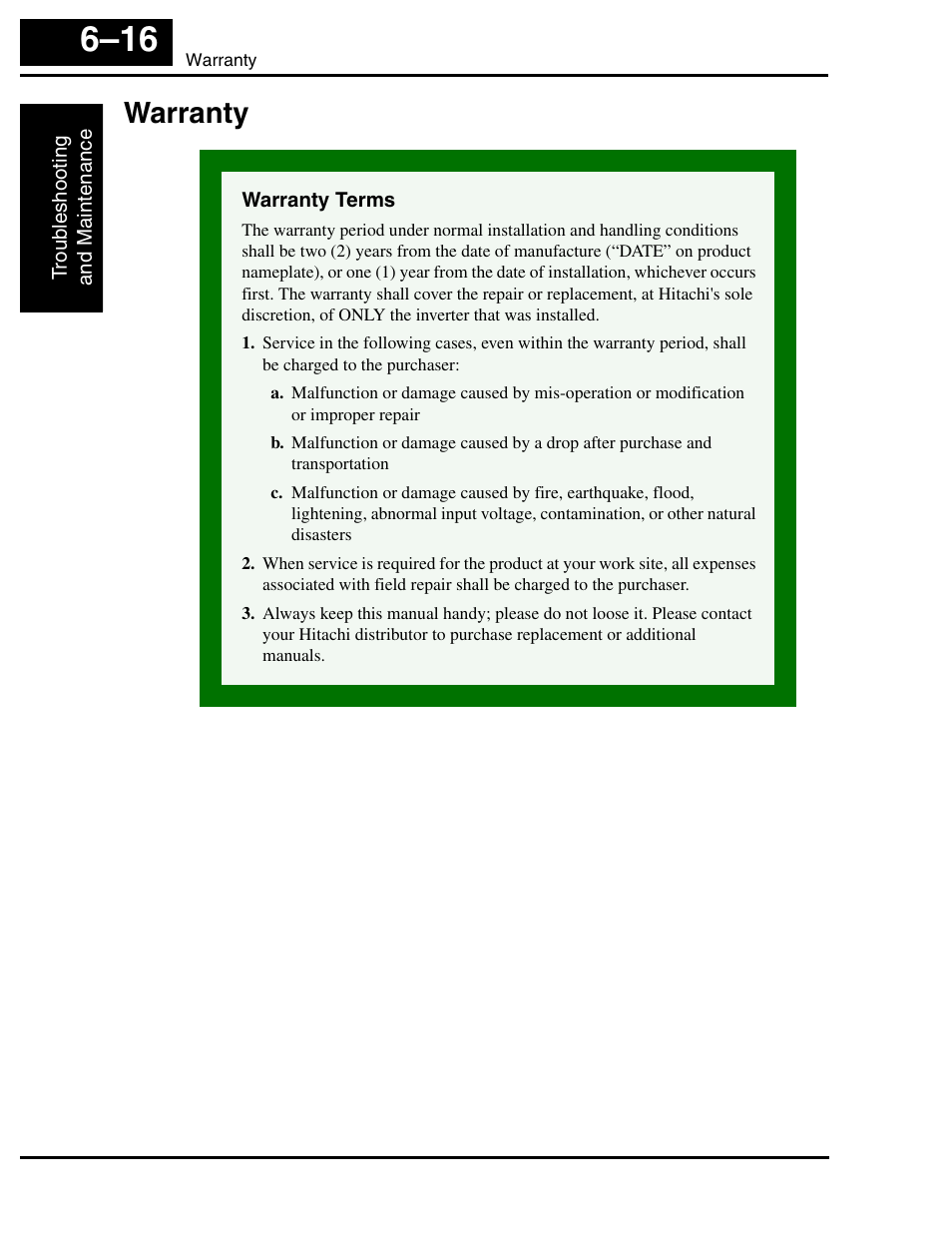 Warranty, Warranty terms, Warranty 6–16 | Hitachi SJ100 User Manual | Page 185 / 214