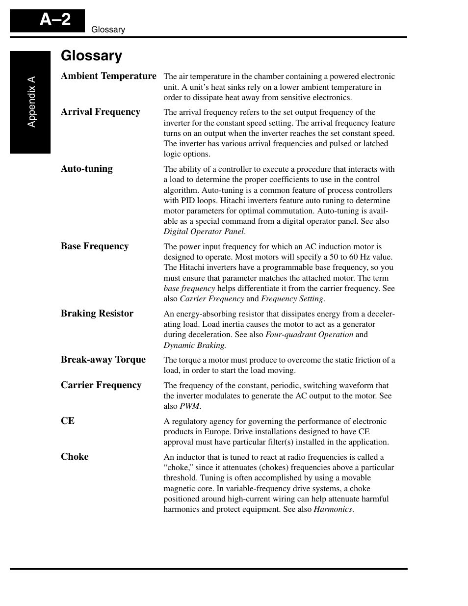 Glossary, Glossary a–2 | Hitachi SJ100 User Manual | Page 187 / 214