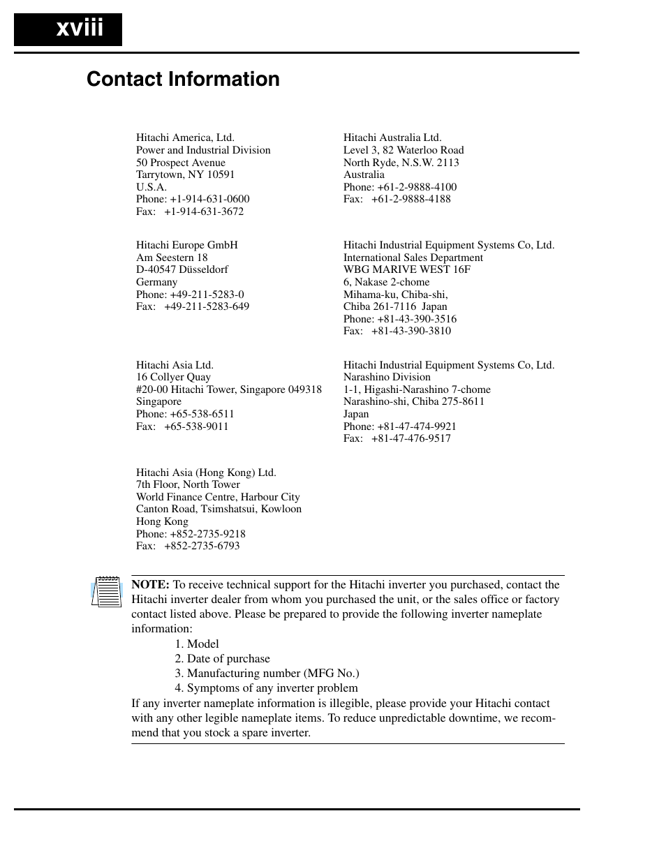 Contact information, Contact information xviii, Xviii | Hitachi SJ100 User Manual | Page 19 / 214