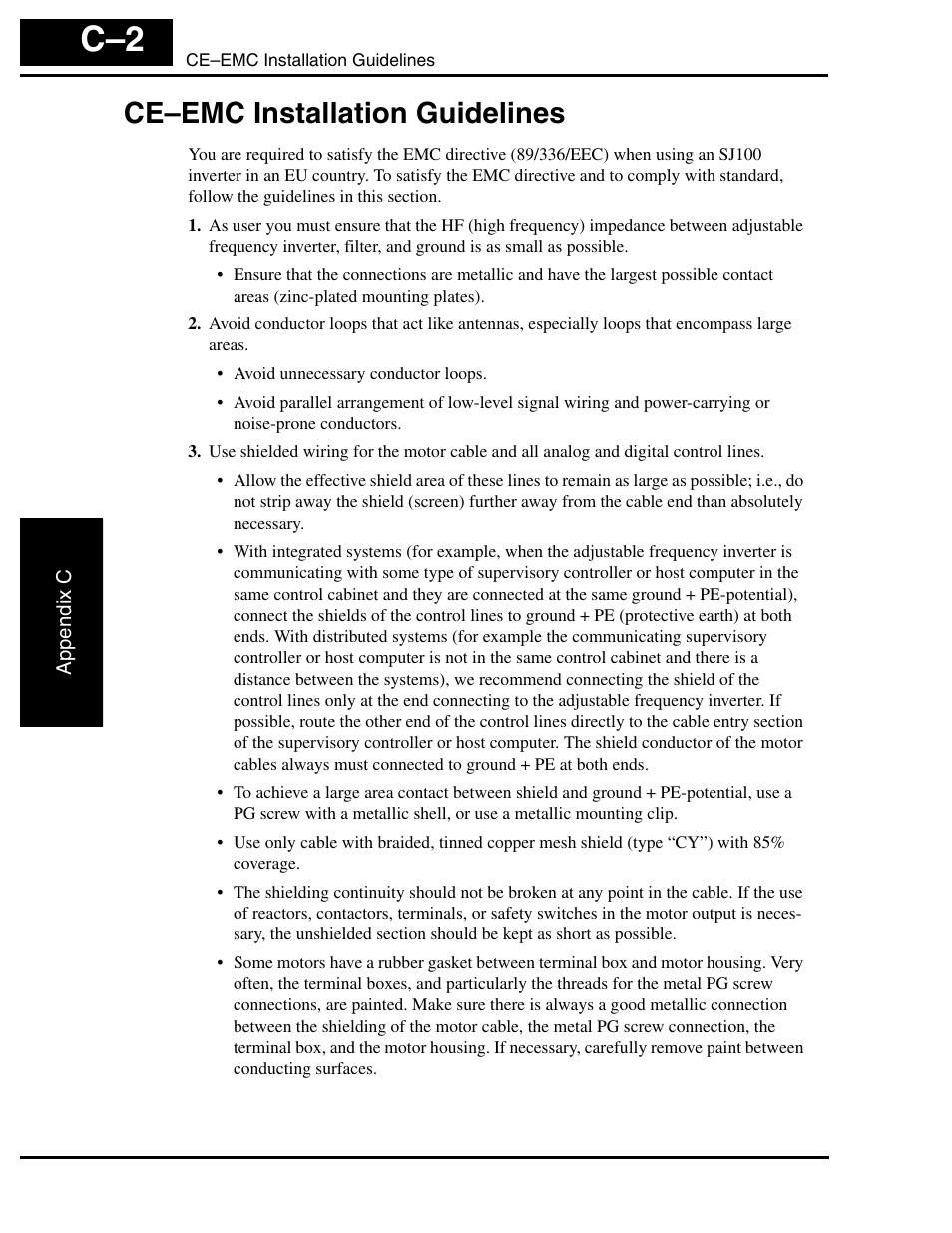 Ce-emc installation guidelines, Ce–emc installation guidelines c–2, Ce–emc installation guidelines | Hitachi SJ100 User Manual | Page 205 / 214