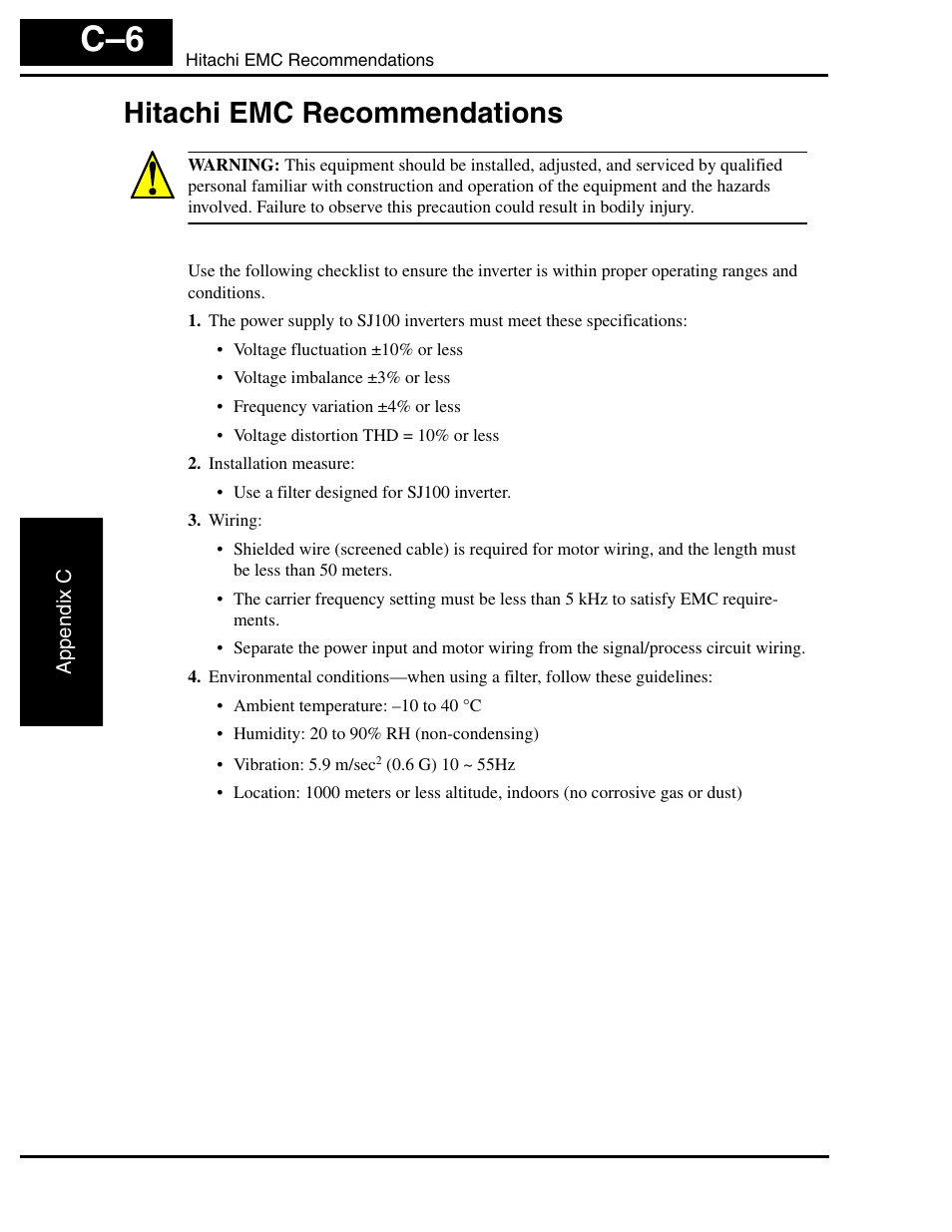 Hitachi emc recommendations, Hitachi emc recommendations c–6 | Hitachi SJ100 User Manual | Page 209 / 214
