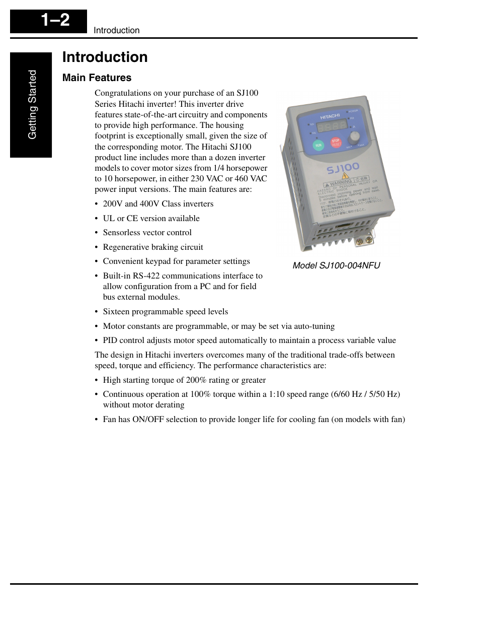Introduction, Main features, Introduction 1–2 | Hitachi SJ100 User Manual | Page 21 / 214