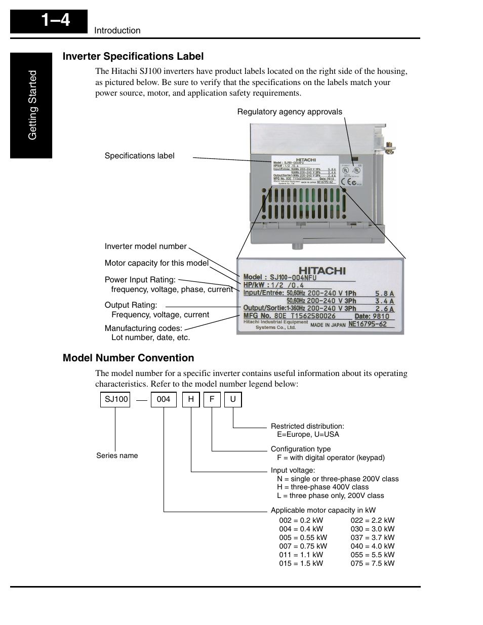 Inverter specifications label, Model number convention | Hitachi SJ100 User Manual | Page 23 / 214