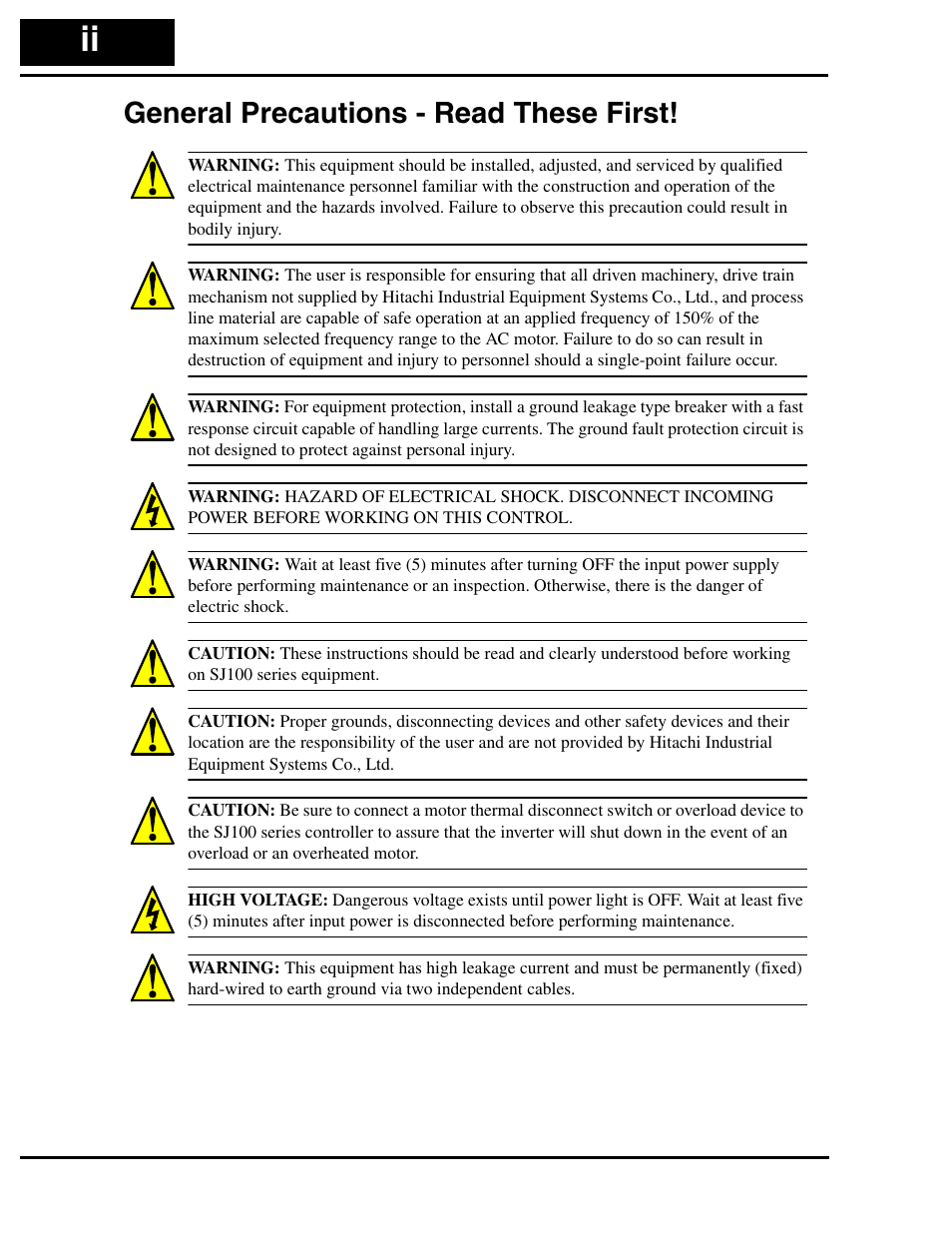 General precautions - read these first | Hitachi SJ100 User Manual | Page 3 / 214