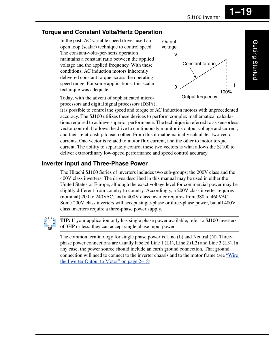 Torque and constant volts/hertz operation, Inverter input and three-phase power | Hitachi SJ100 User Manual | Page 38 / 214