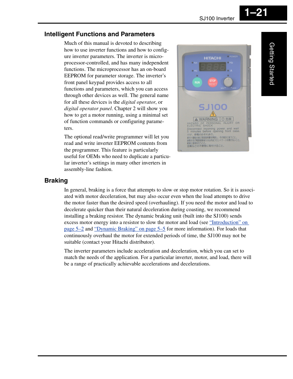 Intelligent functions and parameters, Braking | Hitachi SJ100 User Manual | Page 40 / 214
