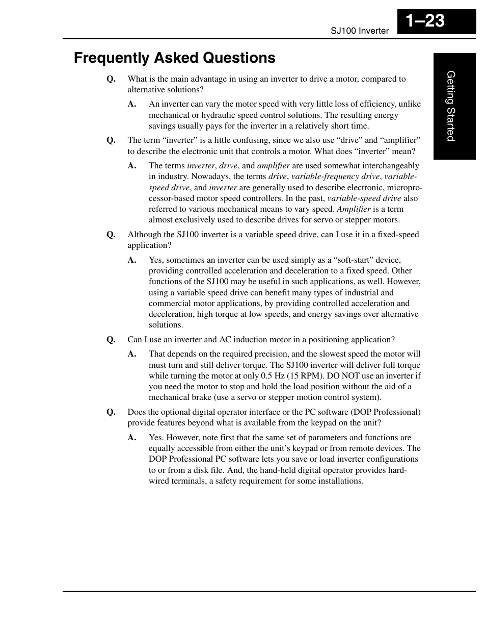 Frequently asked questions, Frequently asked questions 1–23 | Hitachi SJ100 User Manual | Page 42 / 214