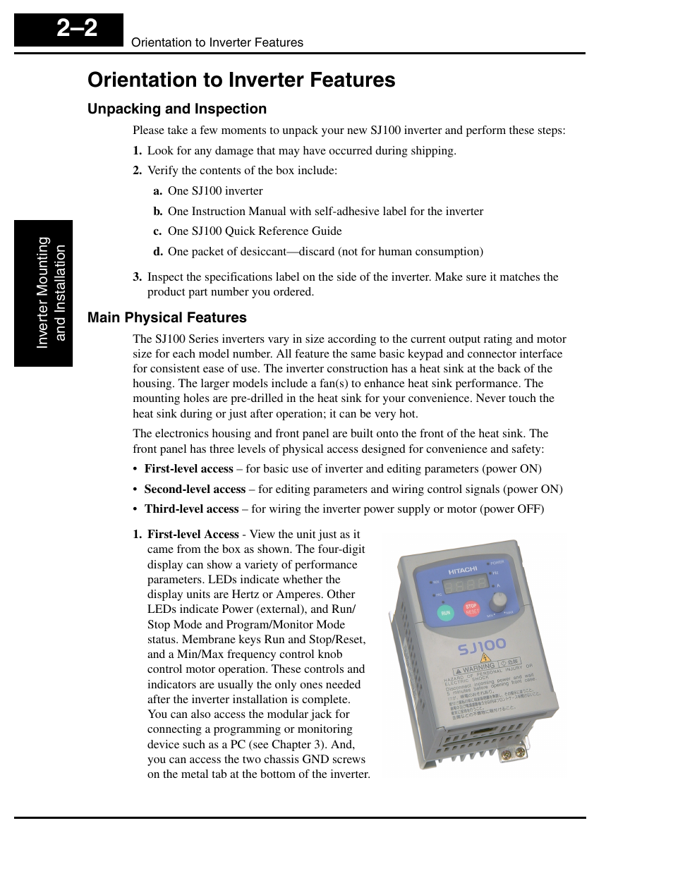 Orientation to inverter features, Unpacking and inspection, Main physical features | Orientation to inverter features 2–2 | Hitachi SJ100 User Manual | Page 46 / 214