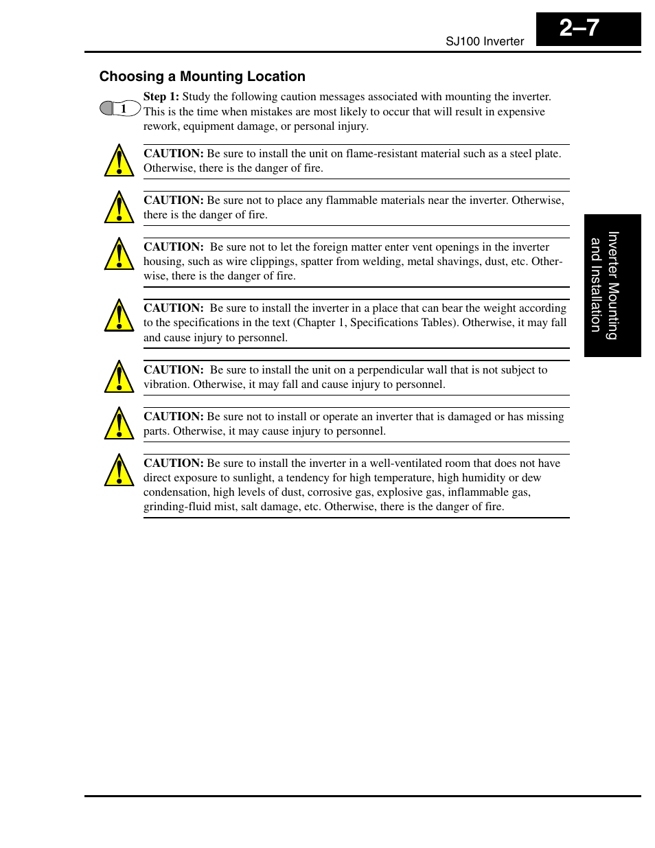 Choosing a mounting location, Section | Hitachi SJ100 User Manual | Page 51 / 214