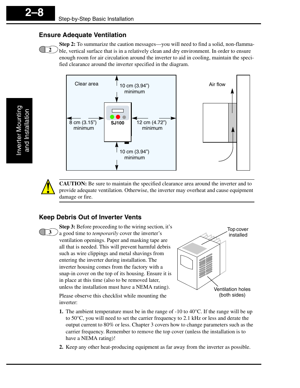 Ensure adequate ventilation, Keep debris out of inverter vents | Hitachi SJ100 User Manual | Page 52 / 214