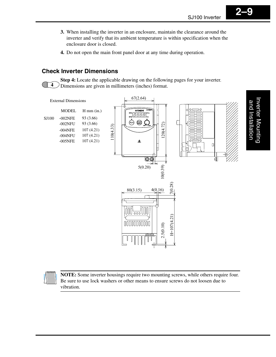 Check inverter dimensions | Hitachi SJ100 User Manual | Page 53 / 214