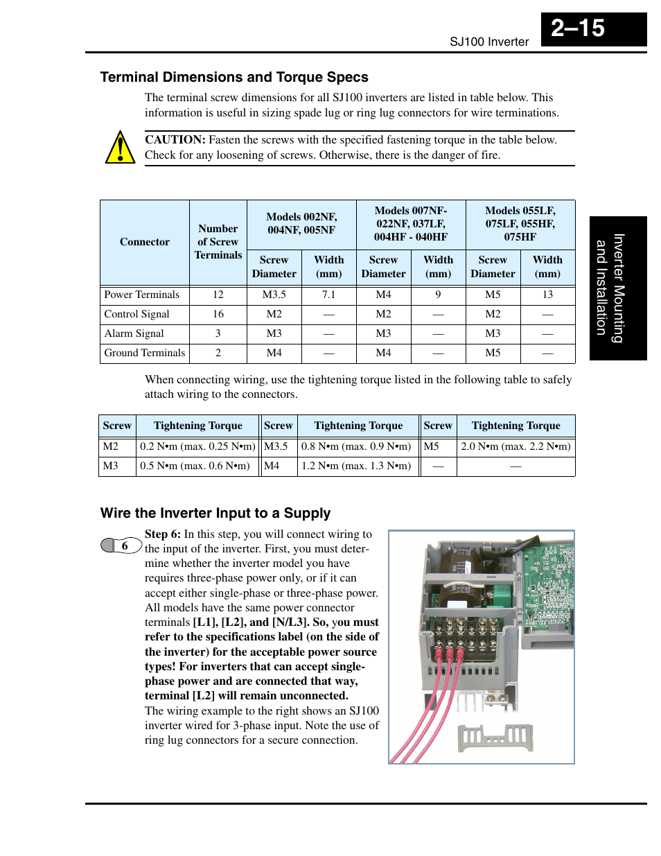 Terminal dimensions and torque specs, Wire the inverter input to a supply | Hitachi SJ100 User Manual | Page 59 / 214