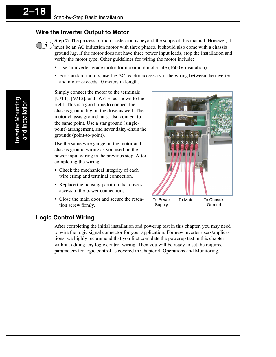 Wire the inverter output to motor, Logic control wiring | Hitachi SJ100 User Manual | Page 62 / 214
