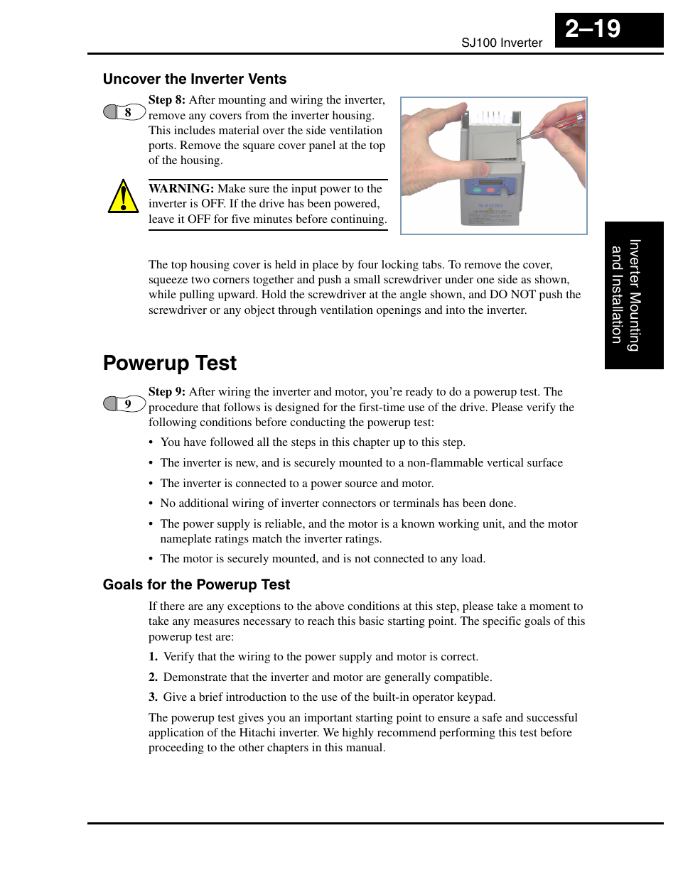 Uncover the inverter vents, Powerup test, Goals for the powerup test | Powerup test 2–19 | Hitachi SJ100 User Manual | Page 63 / 214