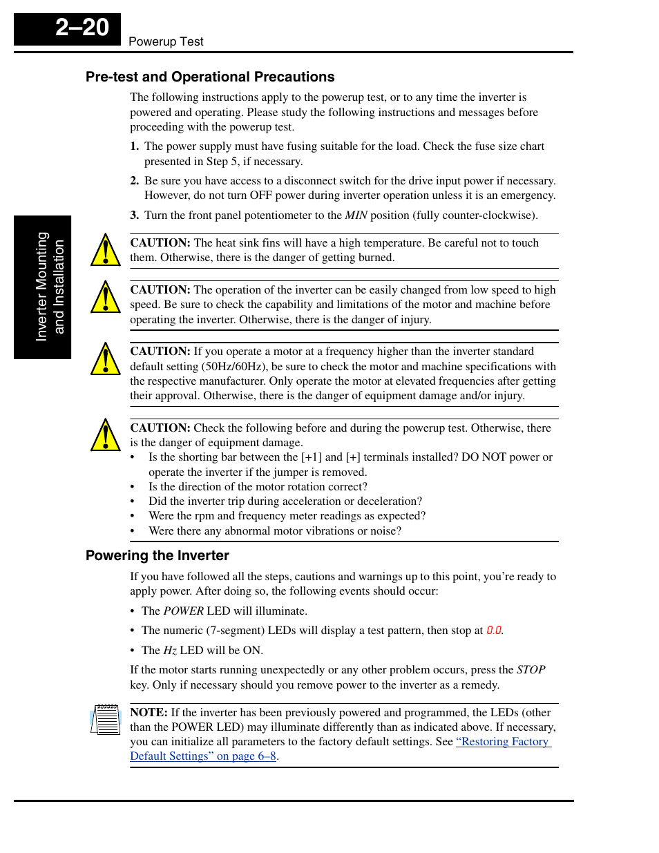 Pre-test and operational precautions, Powering the inverter | Hitachi SJ100 User Manual | Page 64 / 214