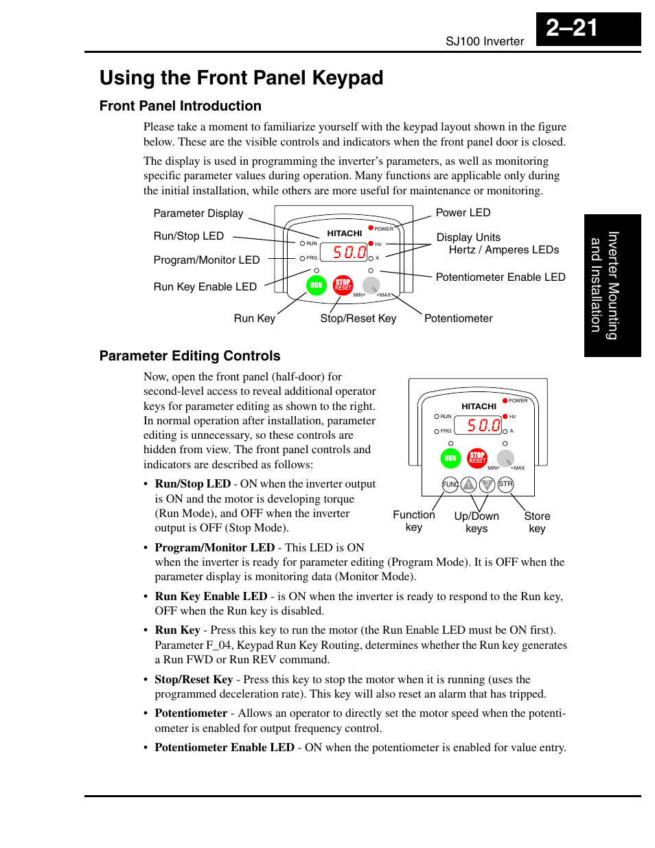 Using the front panel keypad, Front panel introduction, Parameter editing controls | Using the front panel keypad 2–21 | Hitachi SJ100 User Manual | Page 65 / 214