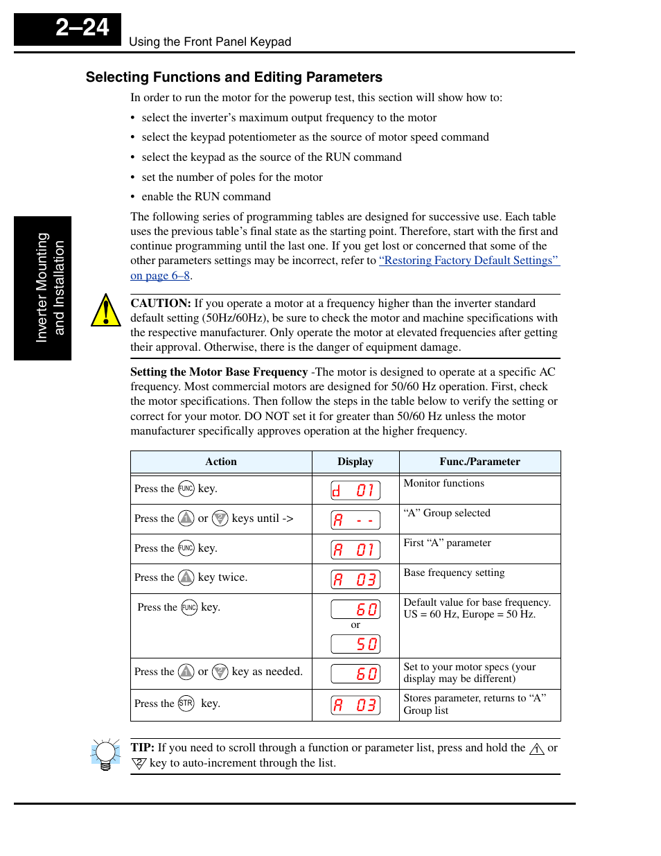Selecting functions and editing parameters, A 0 1, A 0 3 | Hitachi SJ100 User Manual | Page 68 / 214
