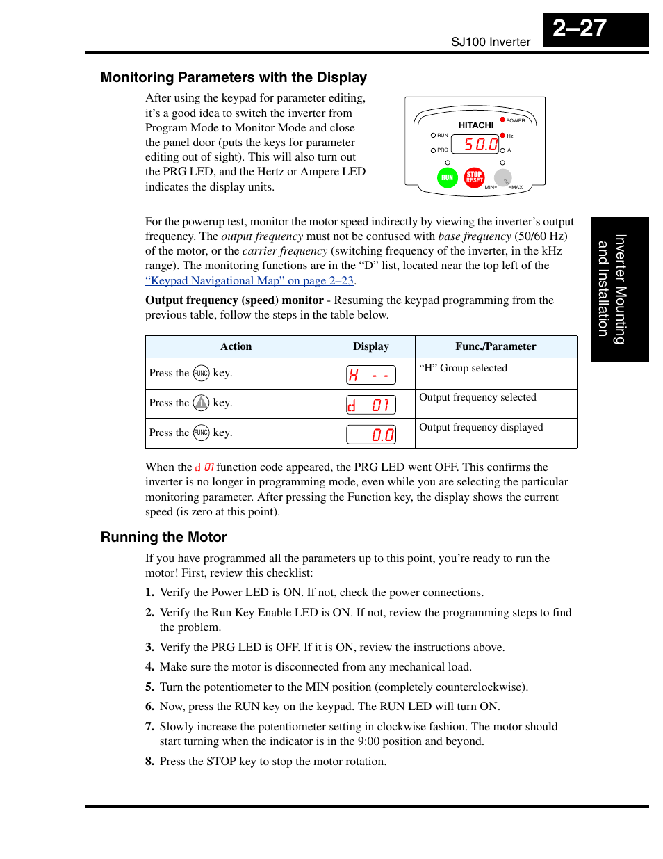 Monitoring parameters with the display, Running the motor | Hitachi SJ100 User Manual | Page 71 / 214