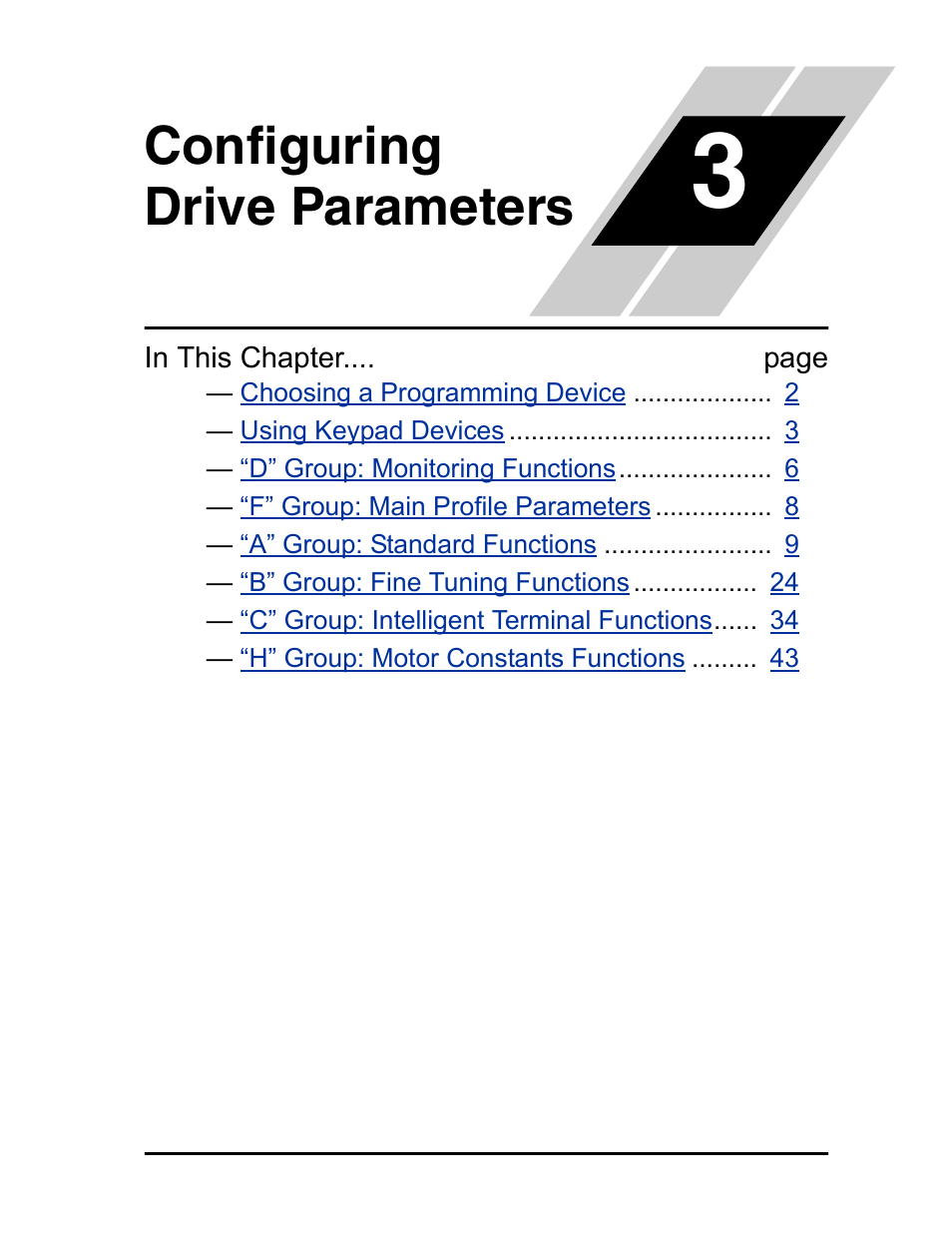 Configuring drive parameters, Chapter 3: configuring drive parameters | Hitachi SJ100 User Manual | Page 73 / 214