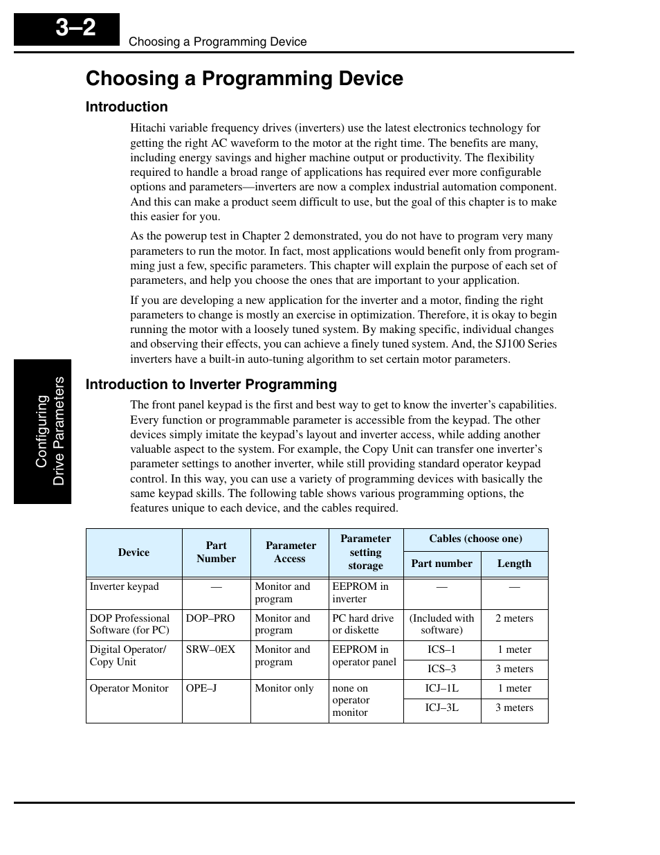 Choosing a programming device, Introduction, Introduction to inverter programming | Choosing a programming device 3–2 | Hitachi SJ100 User Manual | Page 74 / 214