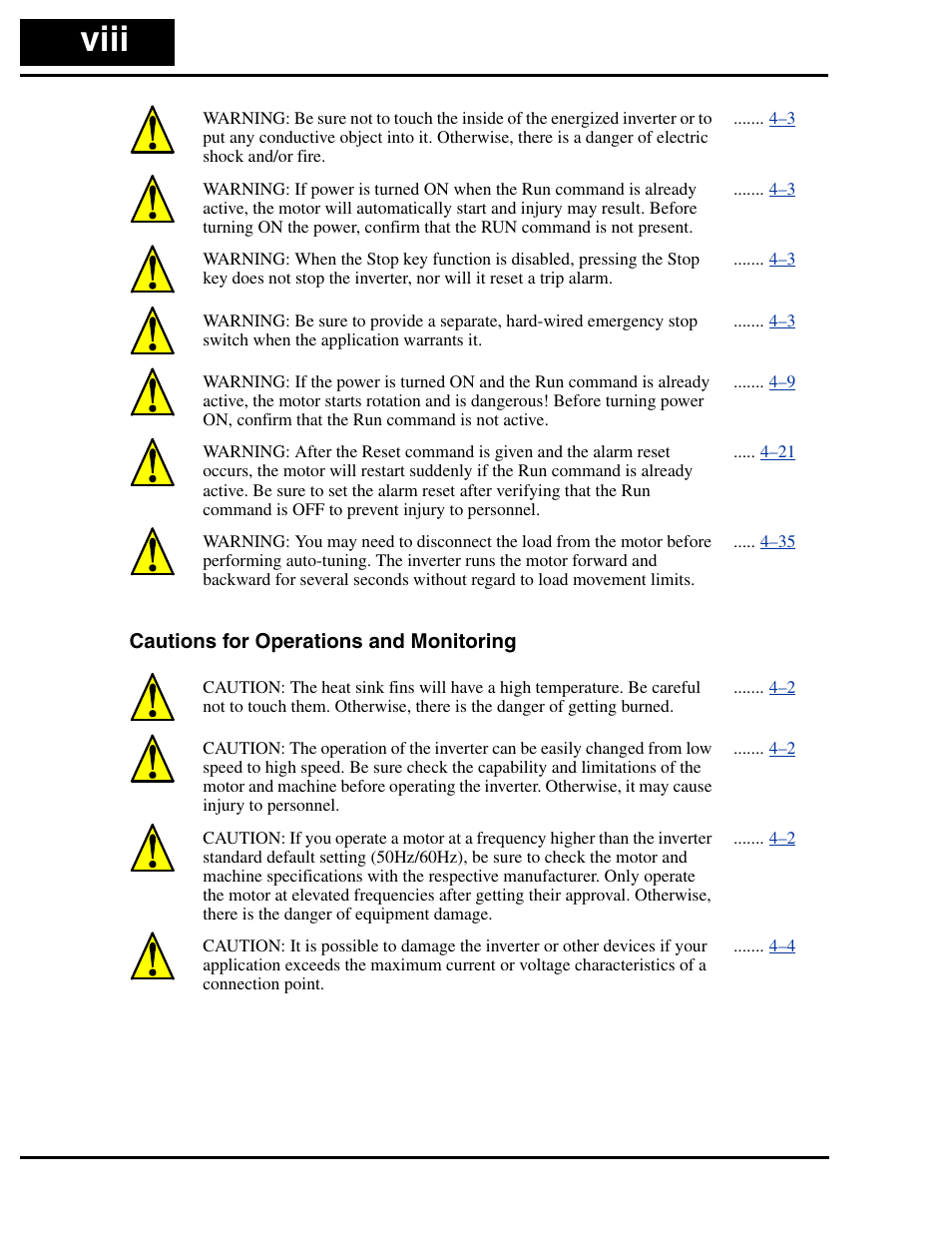 Cautions for operations and monitoring, Viii | Hitachi SJ100 User Manual | Page 9 / 214