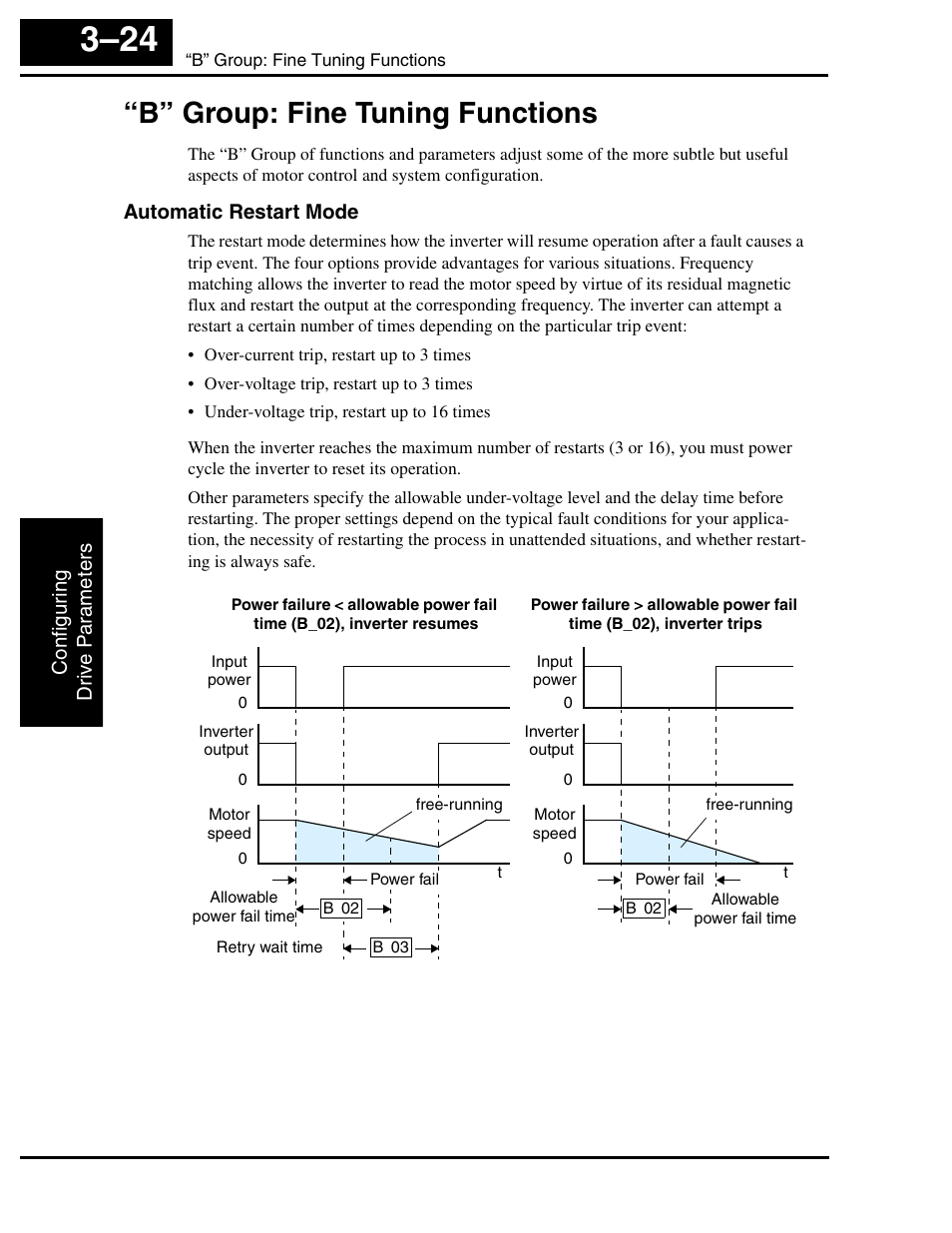 B” group: fine tuning functions, Automatic restart mode, B” group: fine tuning functions 3–24 | Hitachi SJ100 User Manual | Page 96 / 214