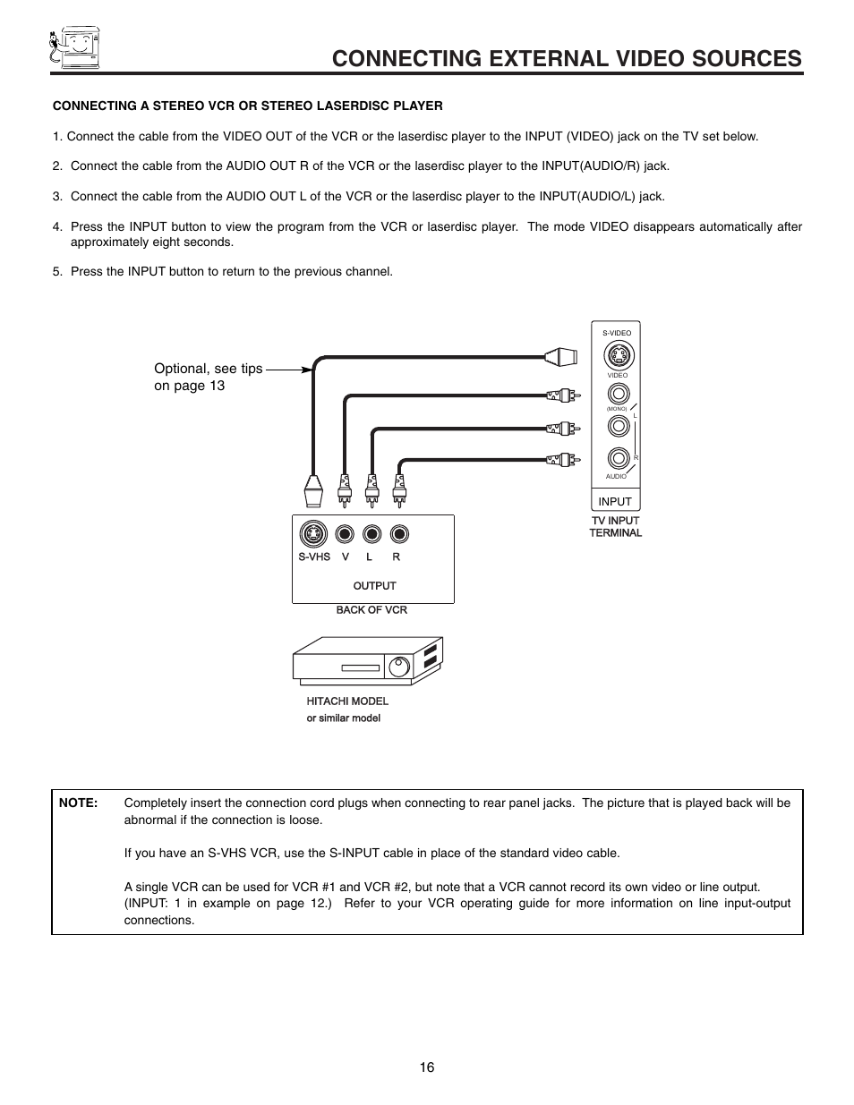 Connecting external video sources | Hitachi 60UX57B User Manual | Page 16 / 64