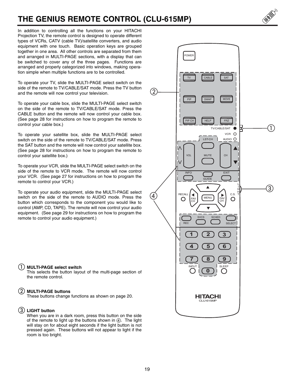 The genius remote control (clu-615mp), ቤባ ብ ቢ | Hitachi 60UX57B User Manual | Page 19 / 64