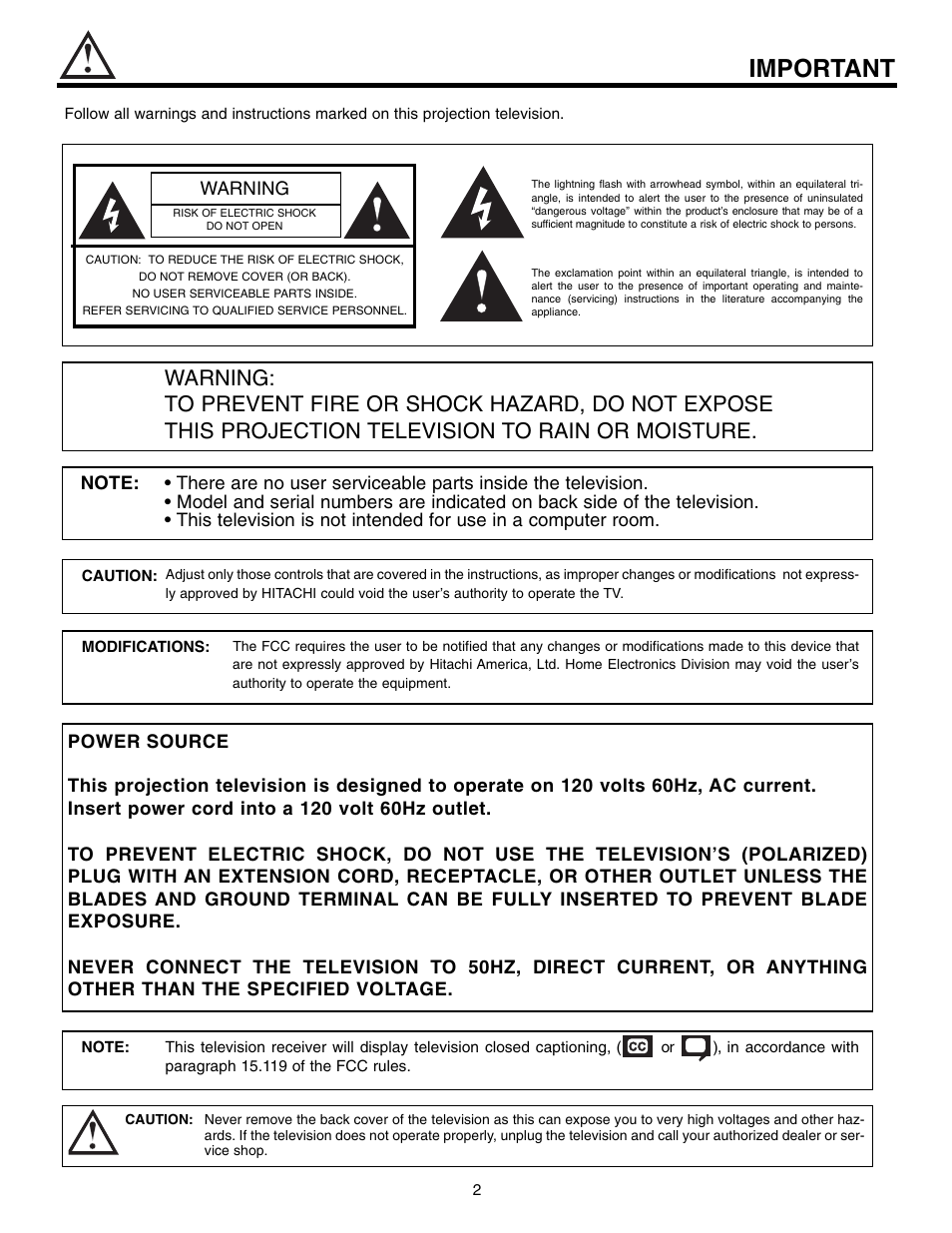 Important | Hitachi 60UX57B User Manual | Page 2 / 64