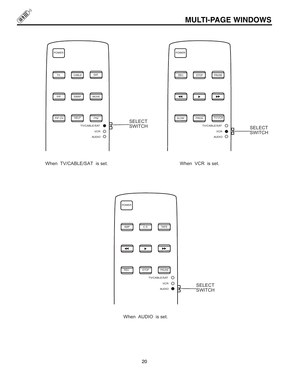 Multi-page windows, Select switch, Select switch when tv/cable/sat is set | Select switch when vcr is set. when audio is set | Hitachi 60UX57B User Manual | Page 20 / 64