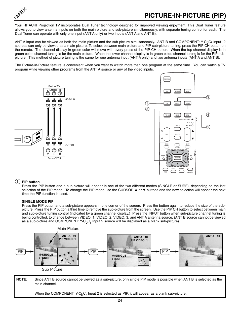 Picture-in-picture (pip), ቤባ ብ ቦ ቢ, Main picture sub picture | Hitachi 60UX57B User Manual | Page 24 / 64