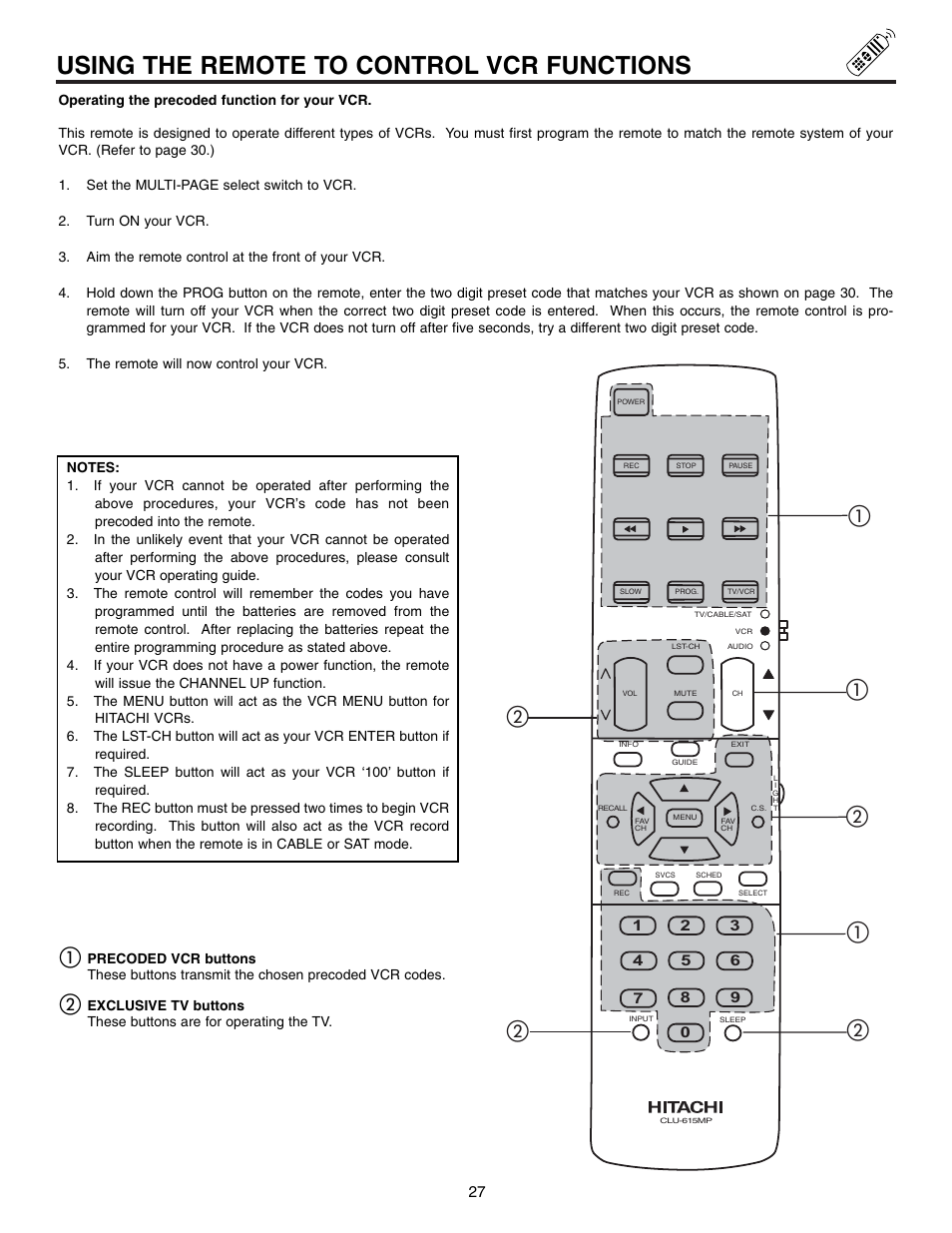 Using the remote to control vcr functions | Hitachi 60UX57B User Manual | Page 27 / 64