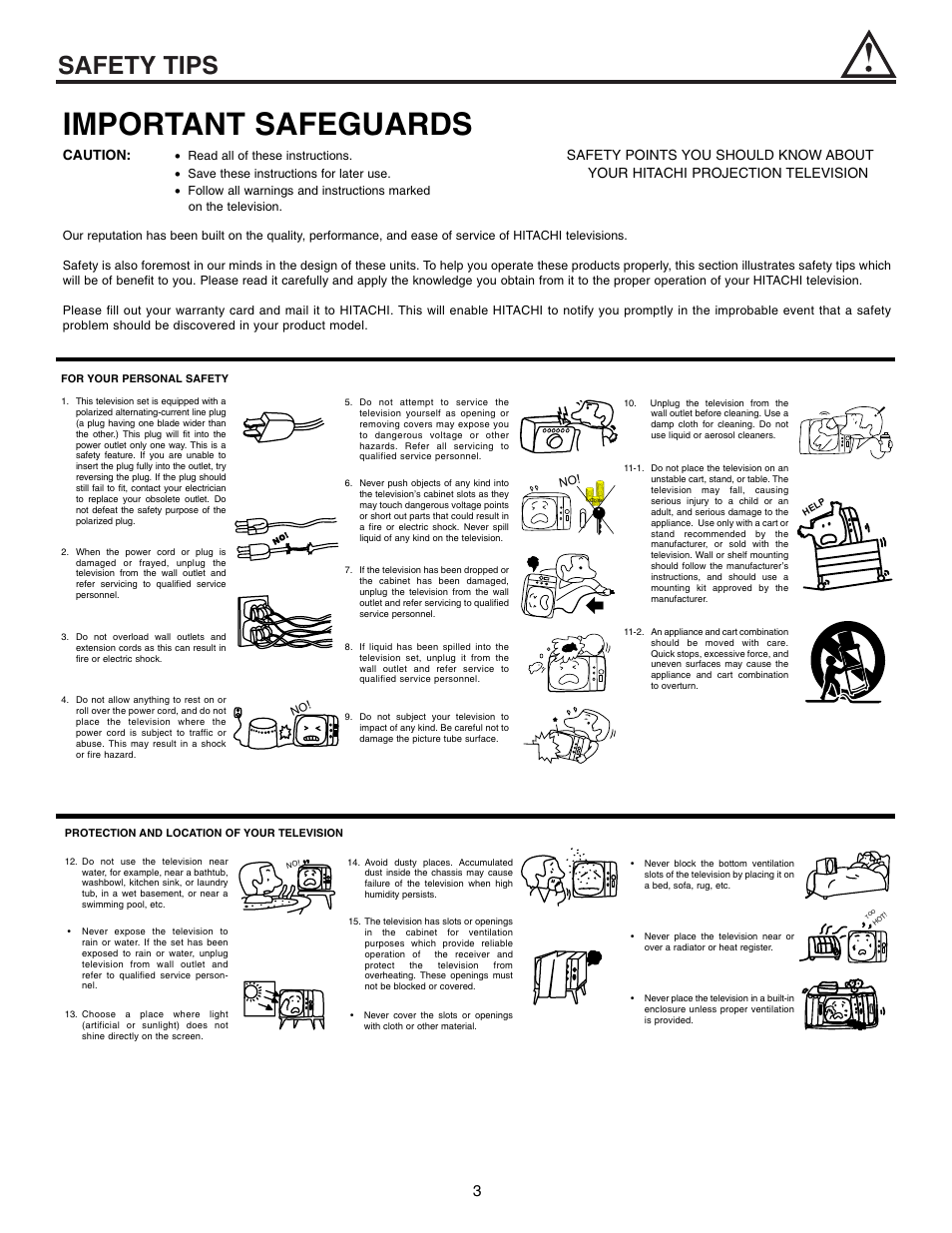 Important safeguards, Safety tips, Caution | Safety points you should know about, Your hitachi projection television | Hitachi 60UX57B User Manual | Page 3 / 64