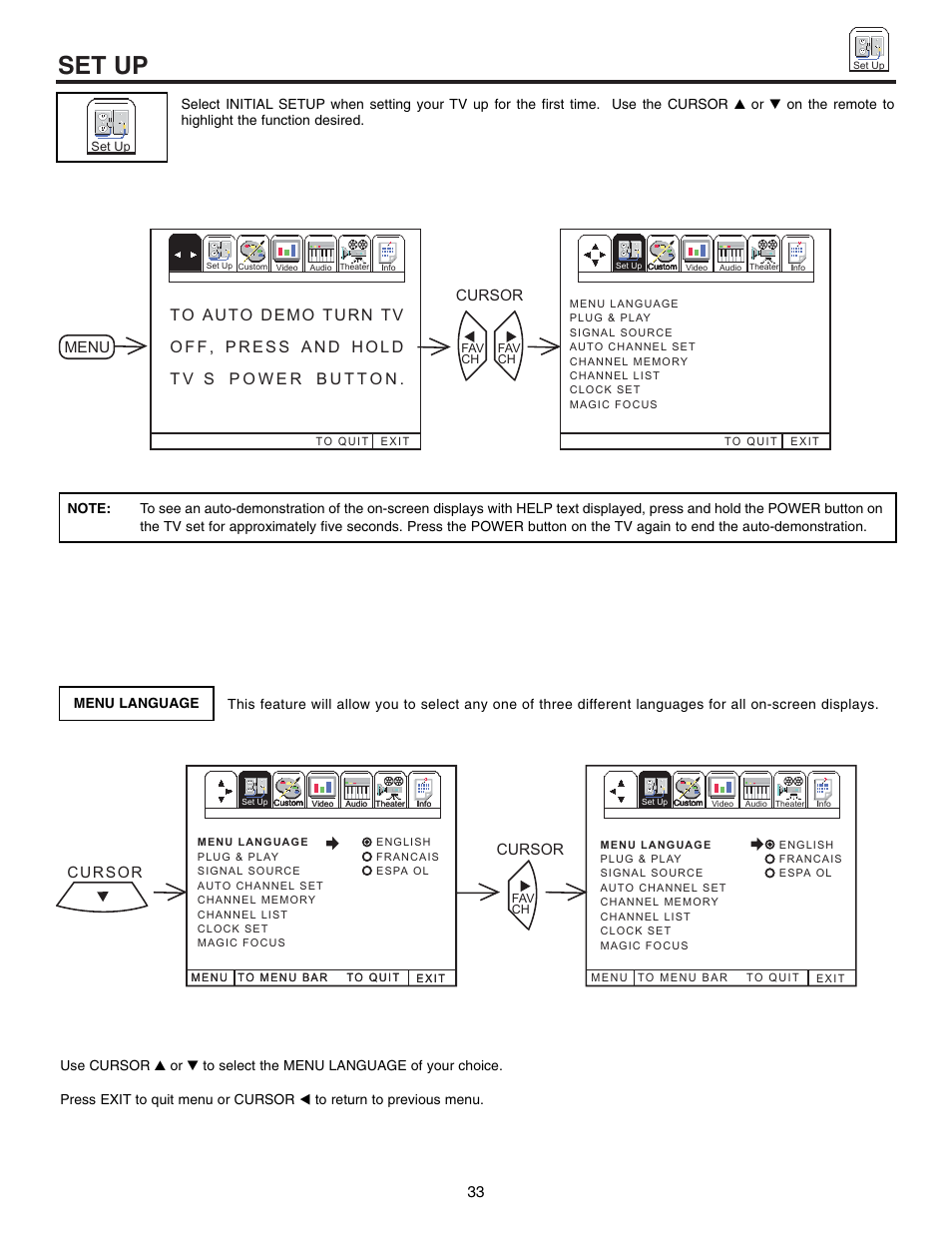 Set up, Cursor menu | Hitachi 60UX57B User Manual | Page 33 / 64