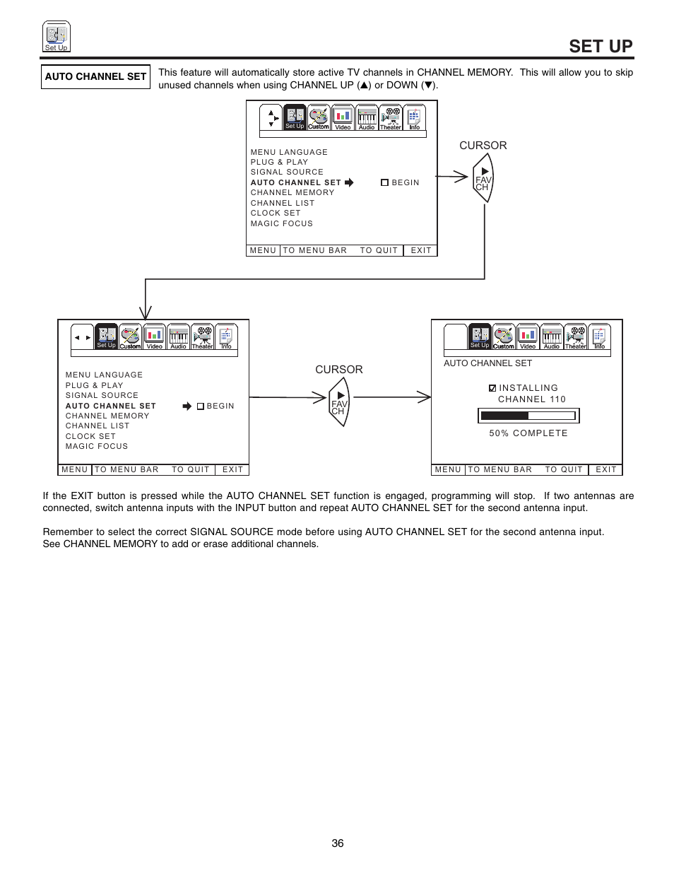 Set up, Cursor | Hitachi 60UX57B User Manual | Page 36 / 64